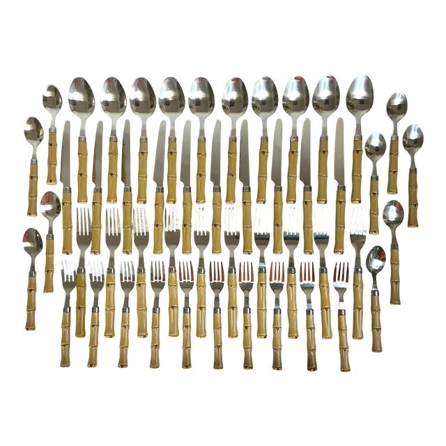 Vintage Coastal Boho Chic Chinoiserie Faux Bamboo & 18/8 Stainless Flatware Set- 49 Pieces. For Sale