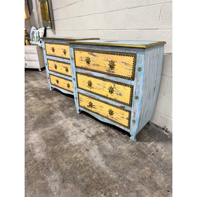 Boho Chic Boho Coastal Vintage Painted Chests Brass Detail - A Pair For Sale - Image 3 of 12