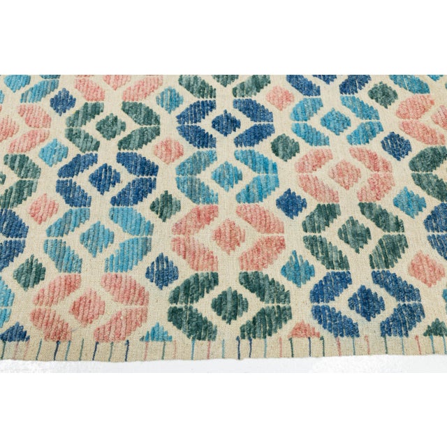 2020s Modern Geometric Tulu Style Hand-Knotted Wool Area Rug in Terracotta and Blue For Sale - Image 5 of 11