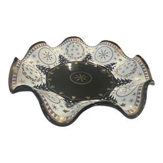 Vintage Scalloped Christmas Glass Serving Bowl With Gold Holiday Motif For Sale