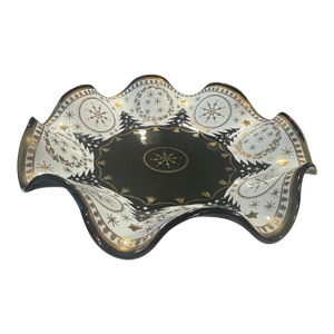 Vintage Scalloped Christmas Glass Serving Bowl With Gold Holiday Motif