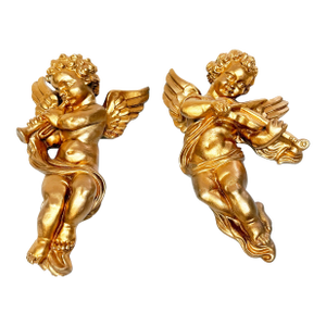 Mid Century Baroque Style Italian Gold Cherub Wall Plaques – Musical Putti Playing Trumpet and Violin – A Pair