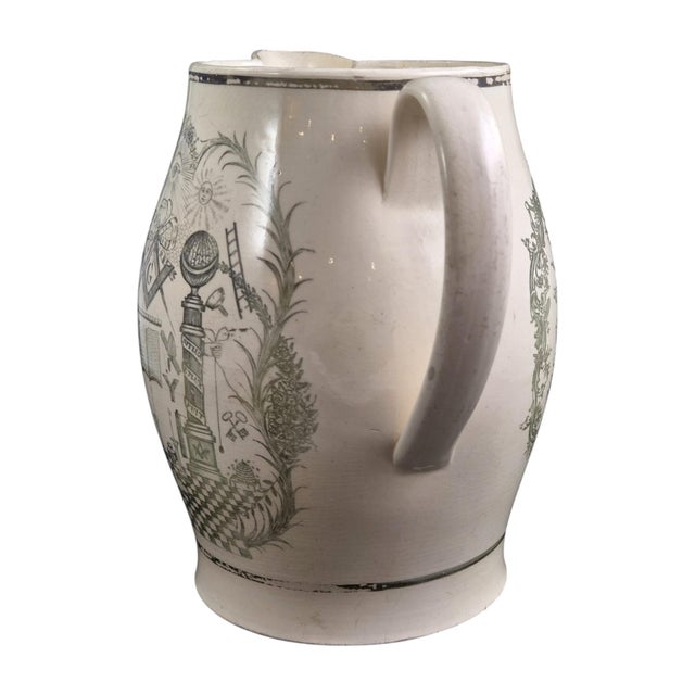 19th Century Olive-Green Transferware Masonic Creamware Jug from Staffordshire, 1800s For Sale - Image 5 of 12