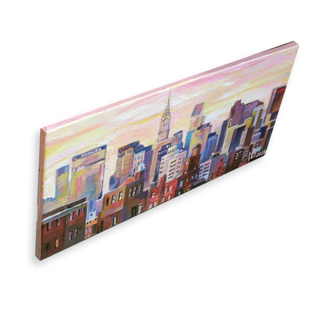 Aerial painting of NYC sunset with roof view and Chrysler Building on the background. Minimal to no texture artwork made...