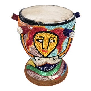 1970s Vintage Haitian La Sirene Mermaid Beaded Drum For Sale