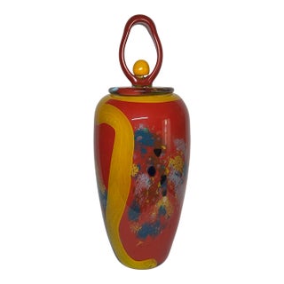 Postmodern Multicolor Art Glass Jar Vase Loop & Ball Finial Lid For Sale