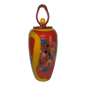 Postmodern Multicolor Art Glass Jar Vase Loop & Ball Finial Lid