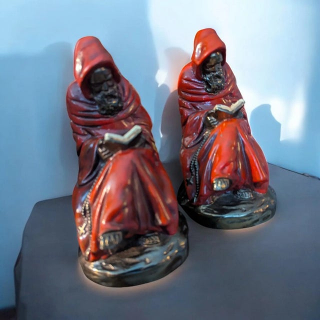 1920s Pair of Bookends: Red Friar Monks Reading, Solid Bronze Library Decor For Sale - Image 4 of 6