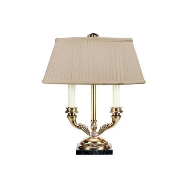 Decorative twin arm candlestick with antique brass finish 20.5h x 6w x 6d Shade Dimensions: top(7 x 12.5) bottom(8 x 17)...