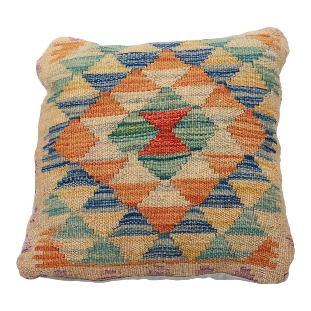 Arteverk Handwoven Afghan Kilim Pillow — Orange & Blue Diamond Lattice For Sale