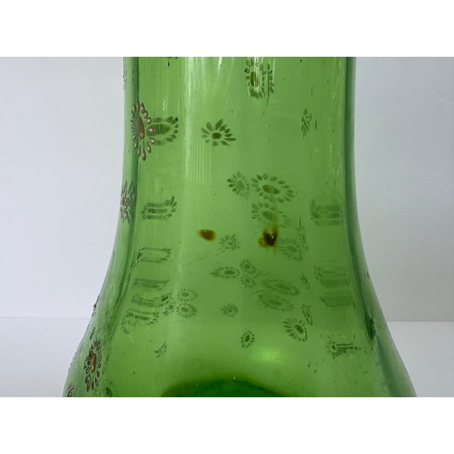 Vintage Bohemian Green Glass Hand-Enameled Floral Vase, 12” For Sale - Image 12 of 12