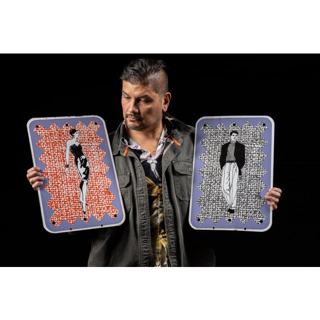 Eye-catching pair of postmodern restroom signs made from porcelain-enameled metal. One sign depicts a fashionably dressed...