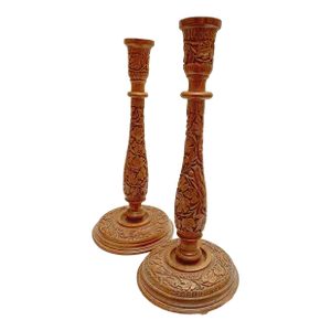Vintage European Carved Wood Candle Holders, a Pair