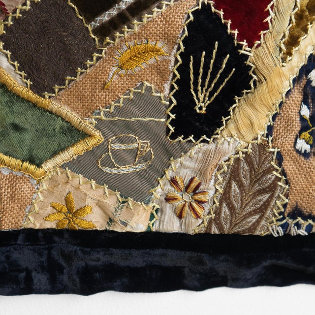 Gold Antique Victorian Crazy Quilt, Hand Embroidered Silk and Velvet Patchwork Quilt, 19th Century For Sale - Image 8 of 18