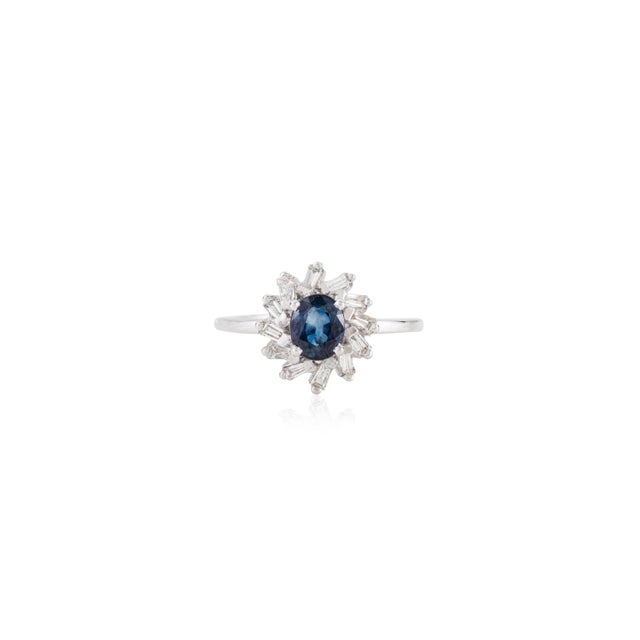 Art Deco Style Blue Sapphire & Baguette Diamond Halo Cluster Ring 14k Gold Size 8 For Sale - Image 4 of 16