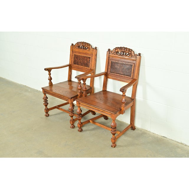 Early Romweber Antique English Jacobean Carved Oak and Burl Wood Armchairs, Pair For Sale - Image 13 of 13