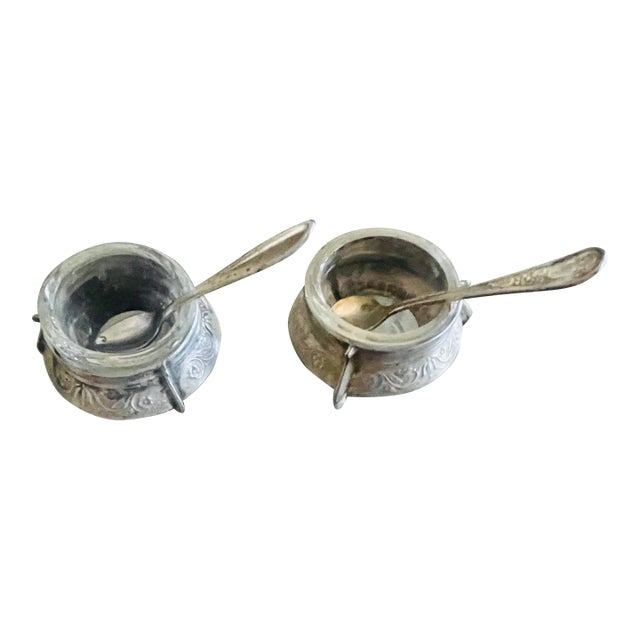 Pair ofAntique Silverplate Salt Cellars With Spoons For Sale