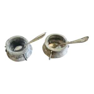 Pair ofAntique Silverplate Salt Cellars With Spoons