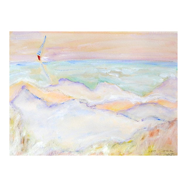 1989 Abstract Seascape With Sailboat Watercolor Painting For Sale