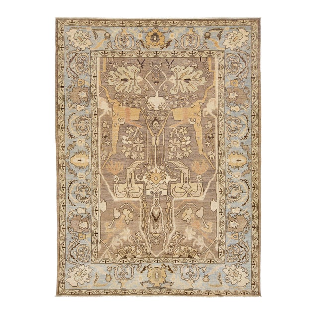 Modern Oushak Style Allover Wool Rug Hand Knotted in Light Brown For Sale