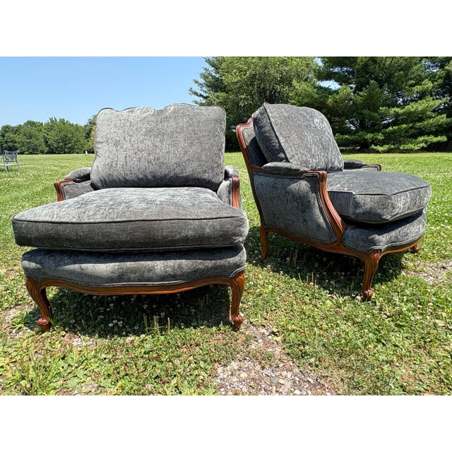 Mid 20th Century Classic French Carved Walnut Bergere Club Chairs For Sale - Image 11 of 11