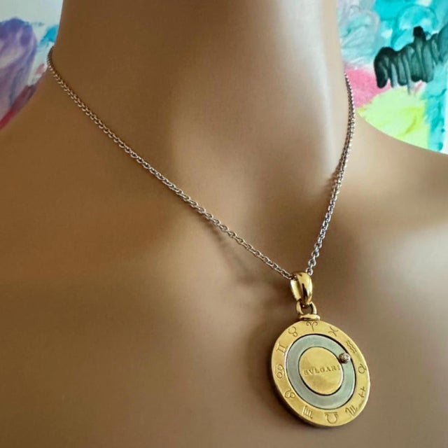 Contemporary Bulgari Bvlgari 18k Yellow Gold + SS Diamond Zodiac Pendant Necklace For Sale - Image 3 of 9