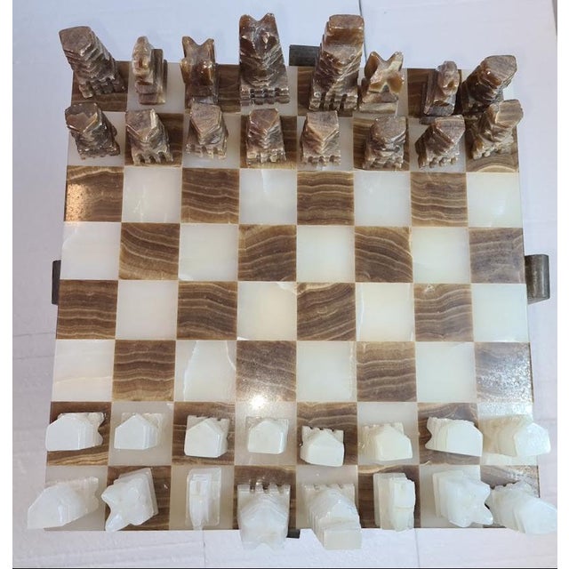Jacobean 1980s Rare and Distinct Handcrafted Onyx and Marble Chess Set on Jacobean Style Wooden Frame For Sale - Image 3 of 13