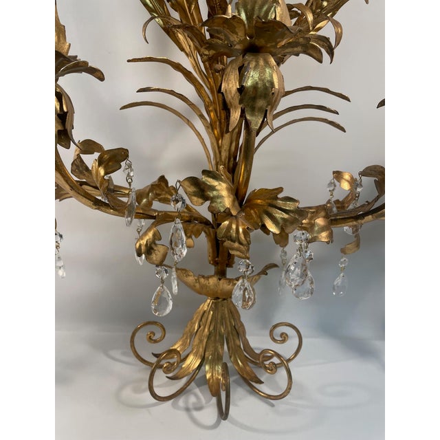 Metal Large Mid 20th Century Italian Gilt Tole Candelabra Style Sconce With Crystals For Sale - Image 7 of 17