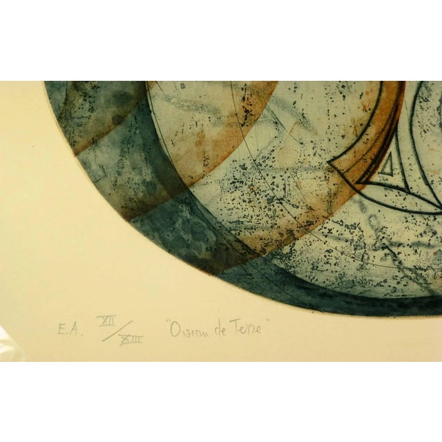 Beautifully detailed abstract etching artist proof by French artist Oiseau de Terre, circa 1990. Signed lower right....