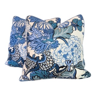 Schumacher Chiang Mai Dragon Pillows in China Blue With Aqua Pave Print Backs - Pair For Sale