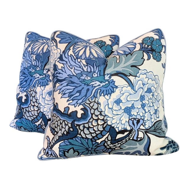 Schumacher Chiang Mai Dragon Pillows in China Blue With Aqua Pave Print Backs - Pair For Sale
