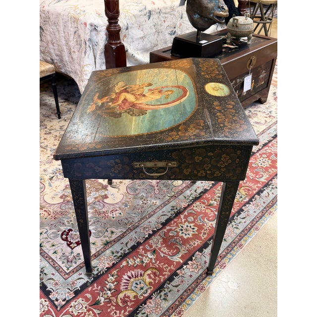 French Provincial Antique 19th Century French Chinoiserie Hand-Painted Black and Gilt Ladies Writing Desk For Sale - Image 3 of 12
