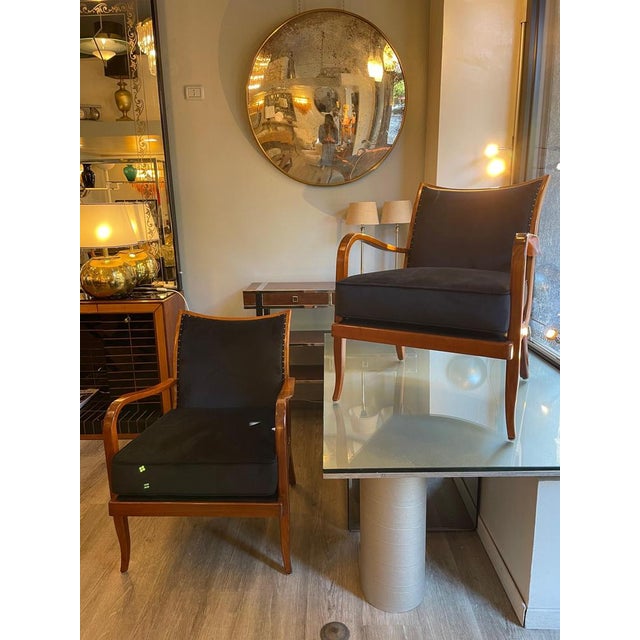 Cherrywood Chairs with Black Velvet Cushions, 1940, Set of 2 For Sale - Image 3 of 17