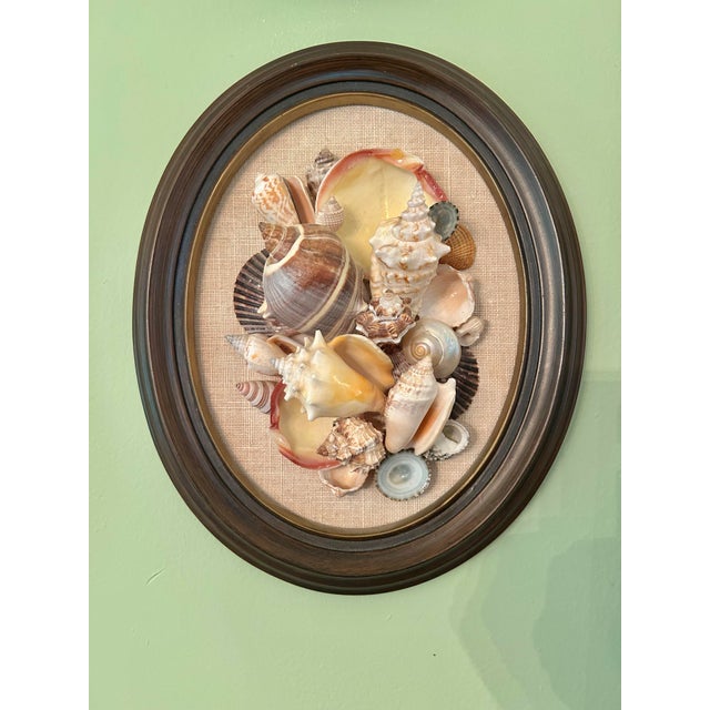 Rustic Vintage 1960’s Coastal Sailors Valentine Shell Wall Art – Real Seashell Collage on Linen in Oval Wood Frame For Sale - Image 3 of 8