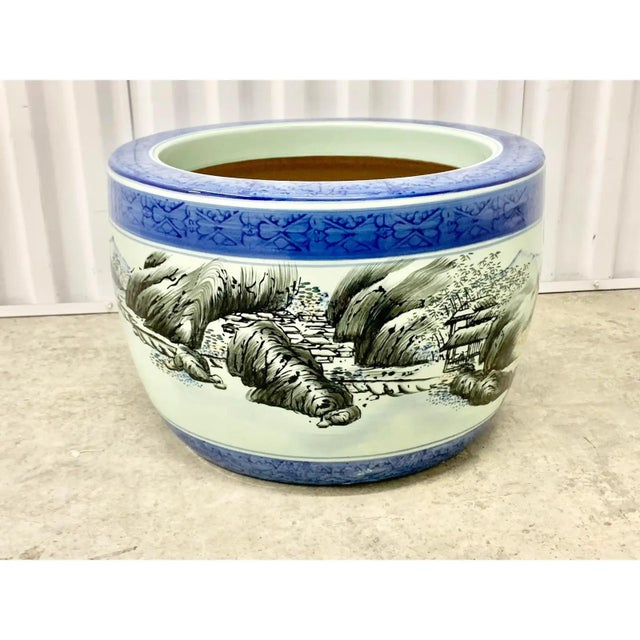 Blue Vintage Chinese Blue & White Porcelain Fishbowl Planter With Shan Shui Landscape For Sale - Image 8 of 8