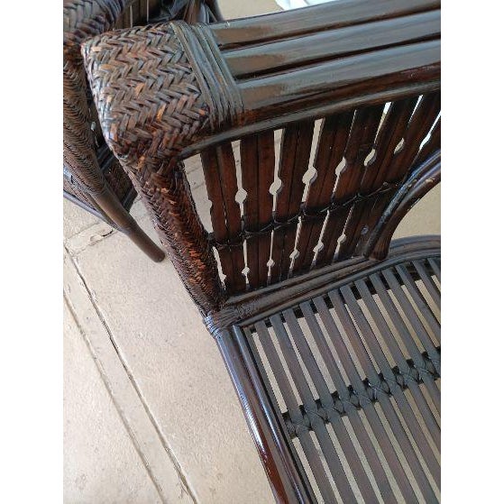 1980s 1980s Dark Brown Wicker Rattan Armchairs High Rounded Backs and Open Side Cutouts Set of 2 For Sale - Image 5 of 7