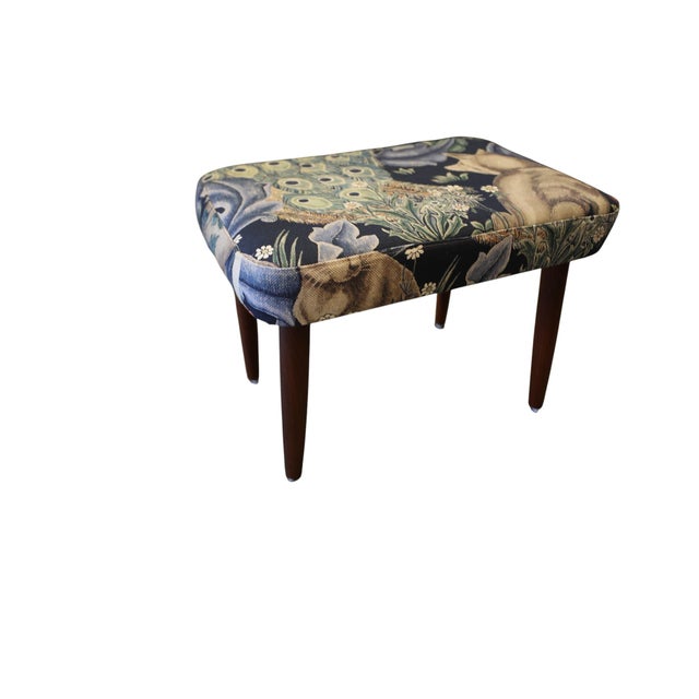 Danish Stool in Teak with the Linen Fabric Forest from Morris & Co, 1960s For Sale - Image 4 of 12