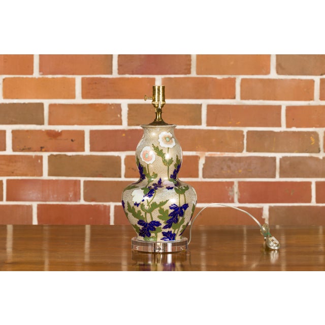 Mid 20th Century French Porcelain Bulbous Table Lamp with Floral Décor on Lucite Base For Sale - Image 9 of 12