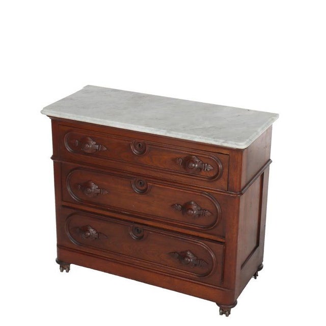 Victorian Antique Walnut 3-Drawer Marble Top Commode With Carved Pulls Circa 1890 For Sale - Image 3 of 16