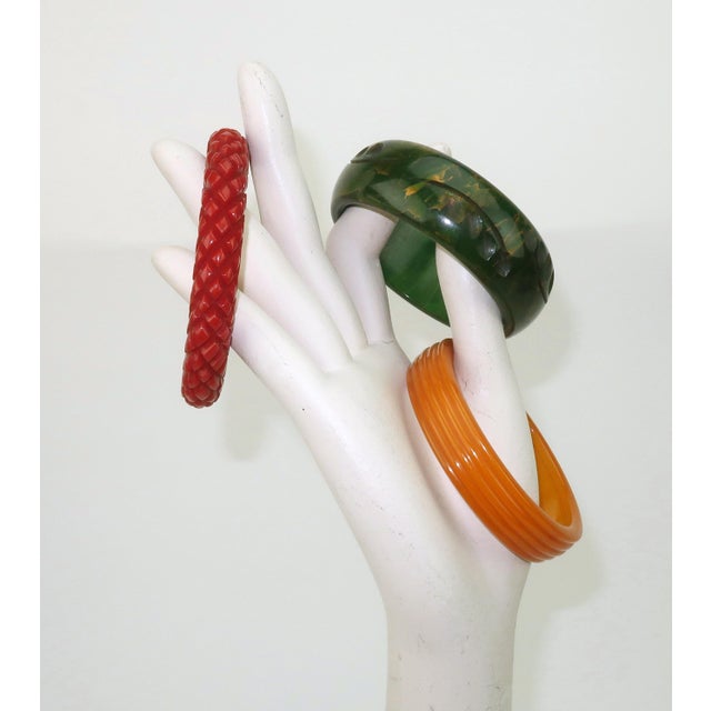 Bakelite Style 1940's Carved Bangle Bracelets, Set of 3 For Sale - Image 11 of 11