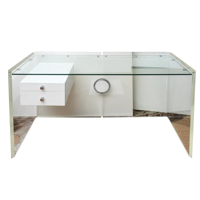 Vintage White Lacquered Over Wood, Chrome, Steel, Glass and Lucite Floating Desk Custom, 1970's For Sale - Image 10 of 10