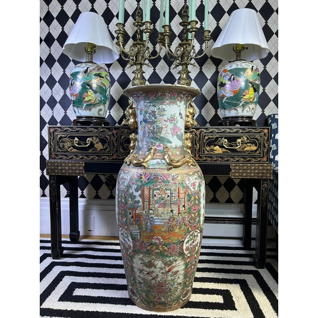 Chinese Famille Rose Floor Vases With Figural Panels and Gilt Dragon Handles, 38" For Sale - Image 15 of 18