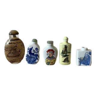 Vintage Chinese Snuff Bottles - Inside Painted Glass & Porcelain - Set of 5 For Sale