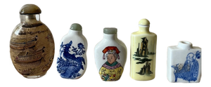 Vintage Chinese Snuff Bottles - Inside Painted Glass & Porcelain - Set of 5