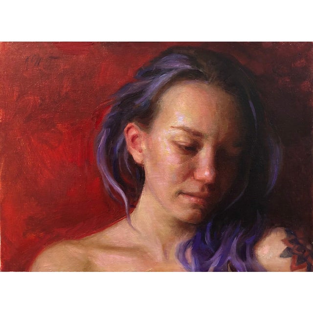 Figurative Study of Erin by Karen Offutt | Oil on panel portrait of a woman with purple hair For Sale - Image 3 of 4