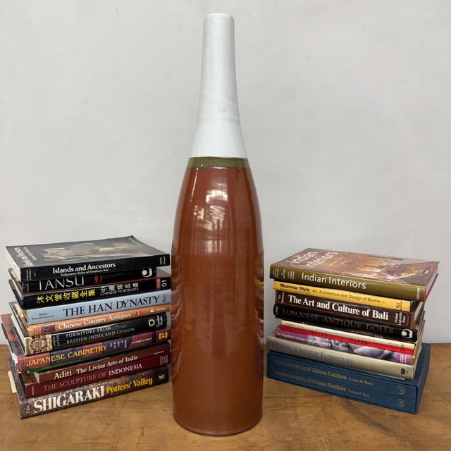 Rustic Tall Brown & Green Ceramic Vase with Narrow White Neck For Sale - Image 3 of 8