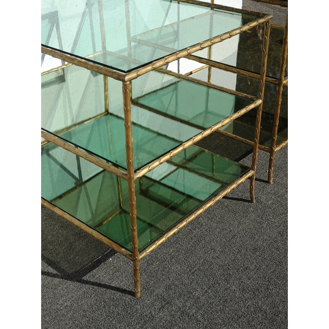 Pair of Vintage Three Tier Brass Bronze Side Tables W Etched Leaf Frames For Sale - Image 13 of 18