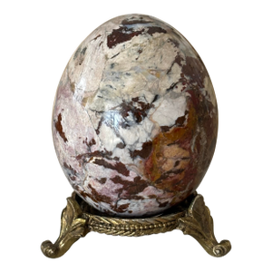 Vintage Jasper Stone Egg on Brass Stand With Scroll Feet