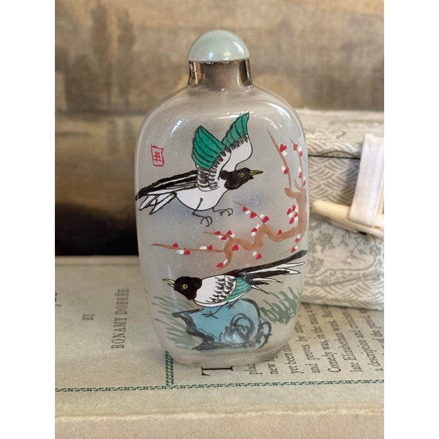 Mid 20th Century Tall Midcentury Reverse Painted Snuff Bottle With Spoon For Sale - Image 5 of 5