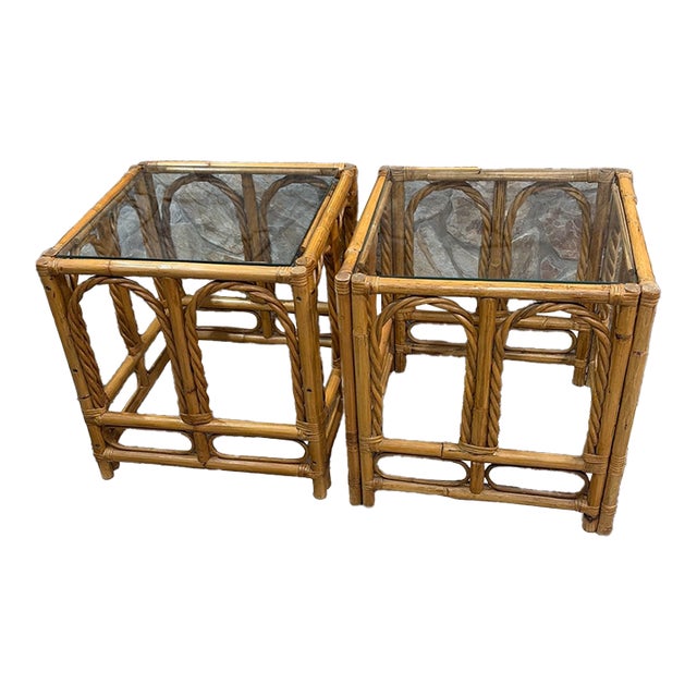 Bamboo Side Tables With Glass Tops Twisted Arch Design - 2 For Sale